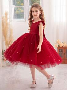 年轻女孩勃艮第色荷叶边网眼饰边派对连衣裙，优雅公主风格连衣裙，适合女孩生日派对、圣诞礼物、正式场合、婚礼、休闲日常穿着