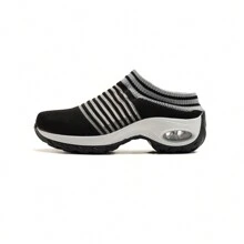 Women's Half-Slippers, Sporty Knitted Air Cushion Socks With Shock Absorption, Slip On Shoes For Dancing And Casual Outings - Black and White - View 3
