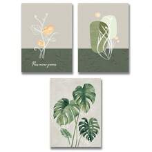 Set Of 3 Unframed Abstract Flower & Leaves Design Polyester Fiber Prints In Retro & Minimalist Style Suitable For Living Room Bedroom Home Decoration (Green Gray) - Multicolor - View 5