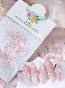 RIKONKA 1袋30入情人節3D仿真玫瑰花指甲鑽裝飾，混合模擬珍珠指甲飾品，彈簧美甲用品DIY指甲寶石 - 淺粉色 - 查看 3