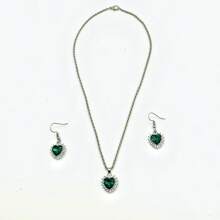 1set/3pcs Twisted Collarbone Chain With Zinc Alloy & Glass Rhinestone Pendant Earrings Set, Suitable For Daily/Evening/Party/Wedding Wear For Women - Dark Green - View 1
