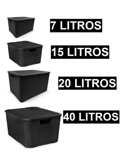 Caixa Organizadora Preta com Tampa Rattan 7 litros / 15 litros / 20 litros / 40 Litros