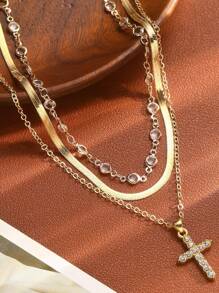 3pcs Simple Cross & Rhinestone Decor Faux Leather Necklace Set For Women, Perfect For Date And Vacation - Yellow Gold - View 2