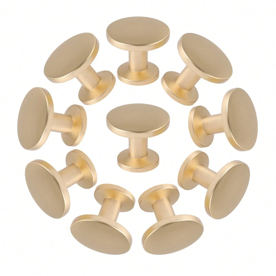 10Pcs Brass Gold Knobs, Round Brushed Brass Cabinet Knobs Drawer Pulls Handles For Home, 1.2 Inch Diameter - Gold - View 1