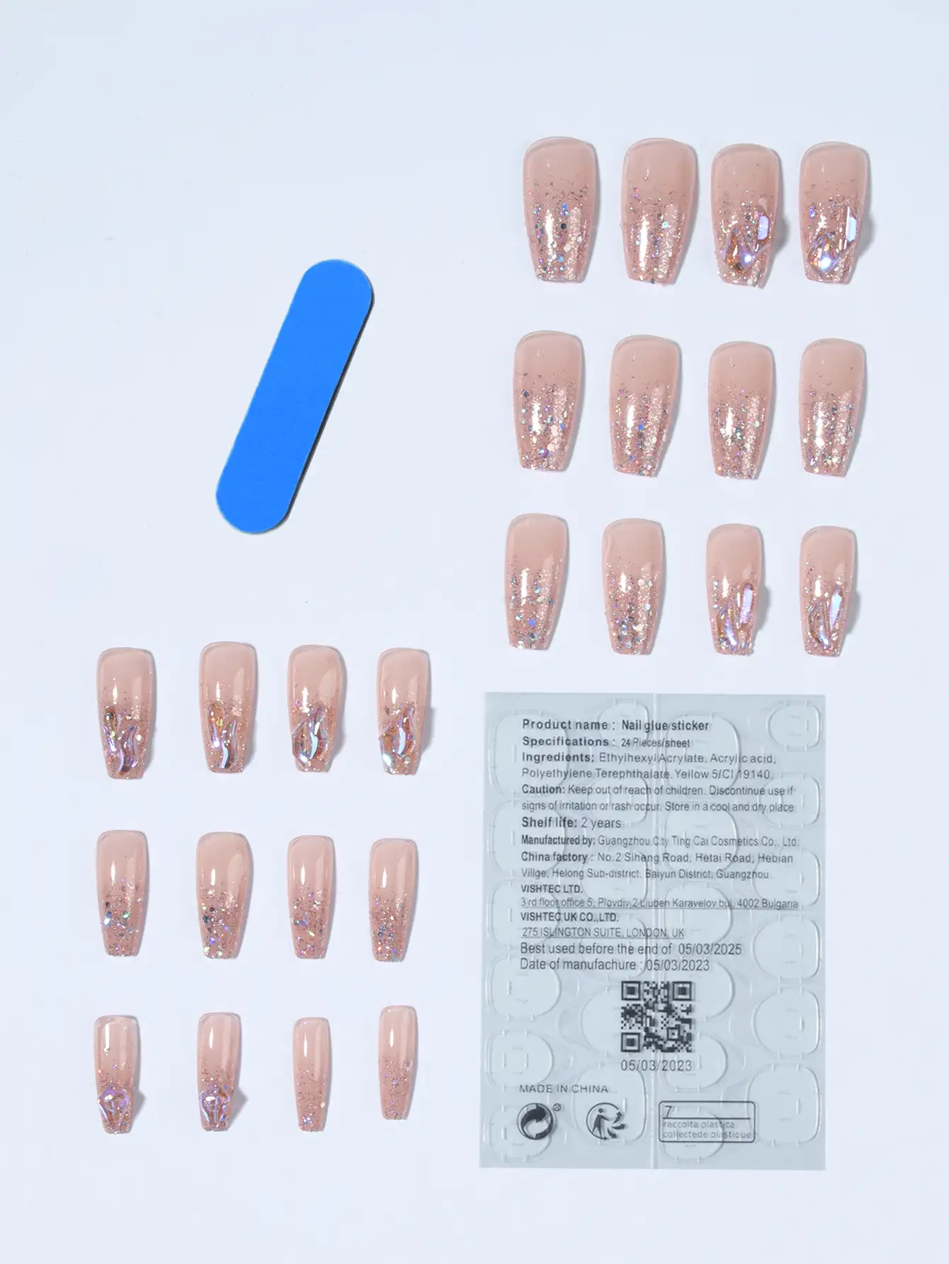 24入組長棺材形狀閃爍及3D鑽石設計的假指甲套裝，附1入組果凍膠及1入組指甲文件，貼片指甲美容工具 - 紫色 - 查看 3