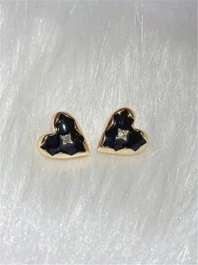 1對迷你黑色滴油鑲嵌水鑽心形耳釘 - 黑色滴油水鑽愛心耳環 - 查看 6