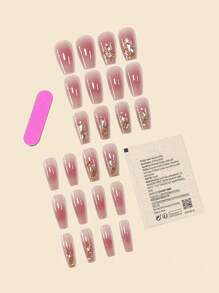 24入組中長假指甲，包括淺粉紅色、金色閃爍、香檳色鑽石甲鈦設計及香檳色鑽石鏈、果凍膠和磨砂條貼式指甲，美甲供應品 - 彩色 - 查看 2