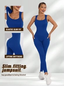 Yefecy 女士瑜伽连体裤 无缝连体罗纹背心 无袖紧身运动健身紧身衣 塑身衣 - 藍色 - 查看 1