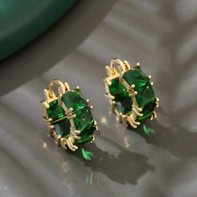 1pair Women's Minimalist Fashion Earrings, Green Glass Circle Ear Clip, Unique Design Daily Ear Accessory, Festival Gift Birthday Present