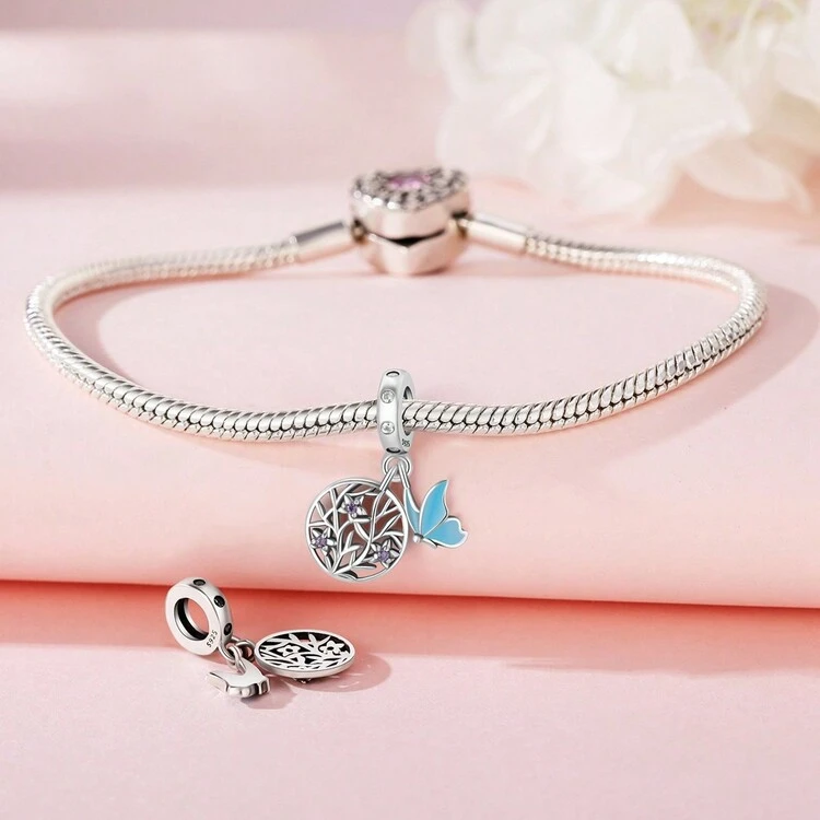 925 Sterling Silver Butterfly Flower Cut-Out Charms Pendant Fit Women Bracelet Necklace DIY Charm Fine Jewellery Anniversary Birthday Gifts Party - Silver - View 4