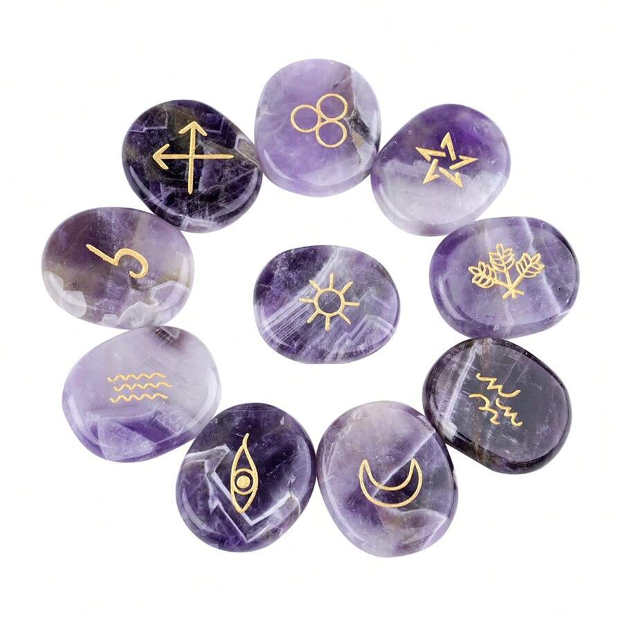 Healing Crystal Witches Rune Stones Set Of 10, Amethyst  Engraved  Symbol Palm Stone For Divination Meditation - Amethyst 1set - View 1