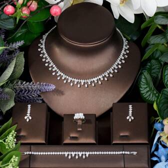 1 Set Simple Cube Shaped Cubic Zirconia Water Drop Decor Jewelry Set, Great Birthday Gift For Women