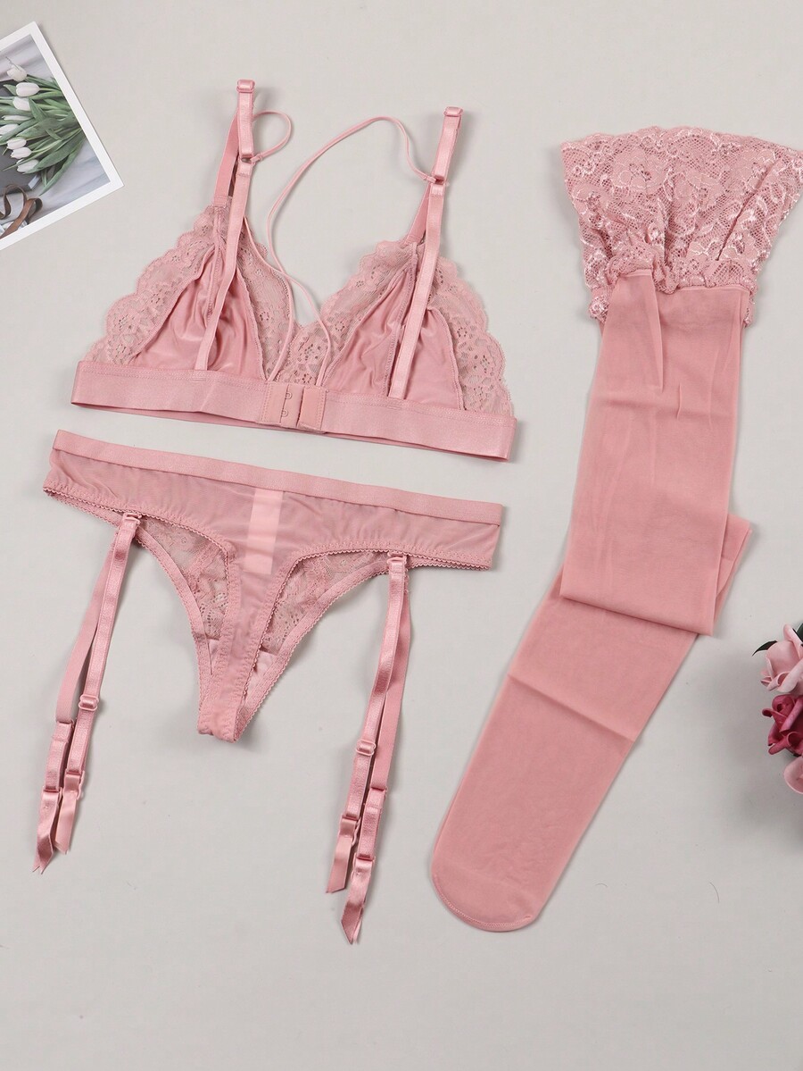 3pcs Women's Sexy Cross Strap Lace Trim Triangle Bralette Set With