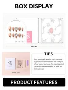 GIRL PLUS Girlplus 10入組手工製作的棺材形假指甲,法國珍珠壓花手繪設計,時尚指甲套裝適合女性和女孩日常穿著