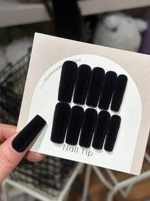 24pcs Coffin Shape Black Plush Warm False Nails With Fuzzy Fur Layer, Perfect For Winter Or Valentine'S Day Gift, Comes With 1 Nail File And 1 Jelly Glue - Black - View 5