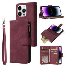 Durable PU Flip Leather Phone Case Wallet With Removable Wrist Strap Compatible With IPhone Samsung - Burgundy - View 2