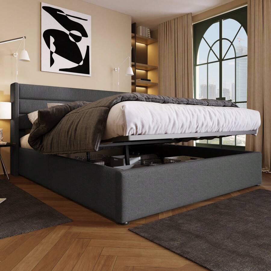 Sweiko Cama tapizada, cama hidráulica de almacenaje con cabecero y somier, 180*200cm,cama tapizada de almacenaje cama hidráulica de matrimonio 180x200cm, somier de madera, cama con somier de metal, lino, gris - Gris - Ver 1
