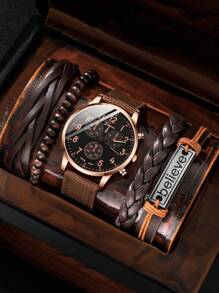 4 件套男士休闲时尚石英表套装，可作为返校学生的礼物 - 棕色 - 查看 1