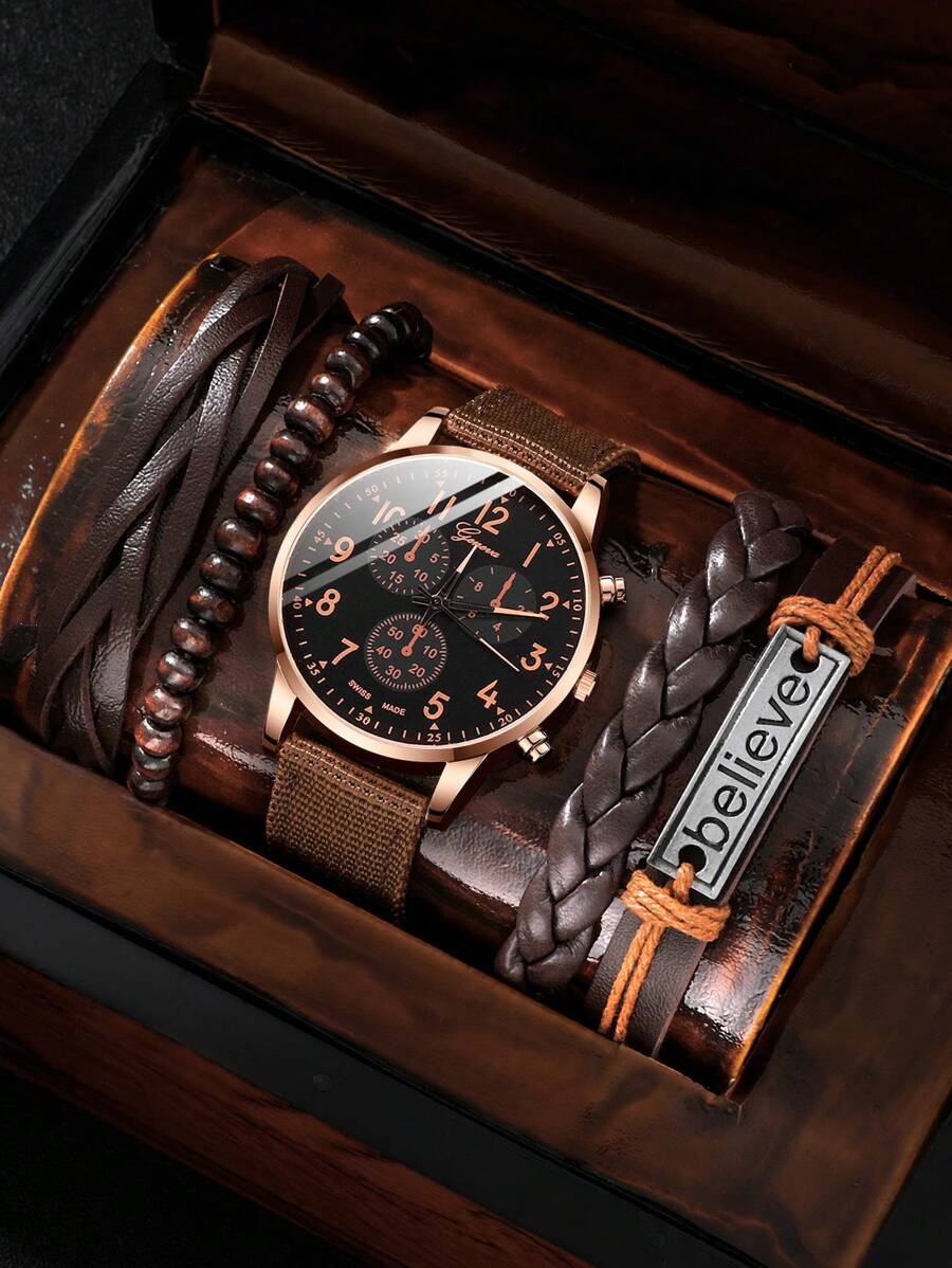 4 件套男士休闲时尚石英表套装，可作为返校学生的礼物 - 棕色 - 查看 1
