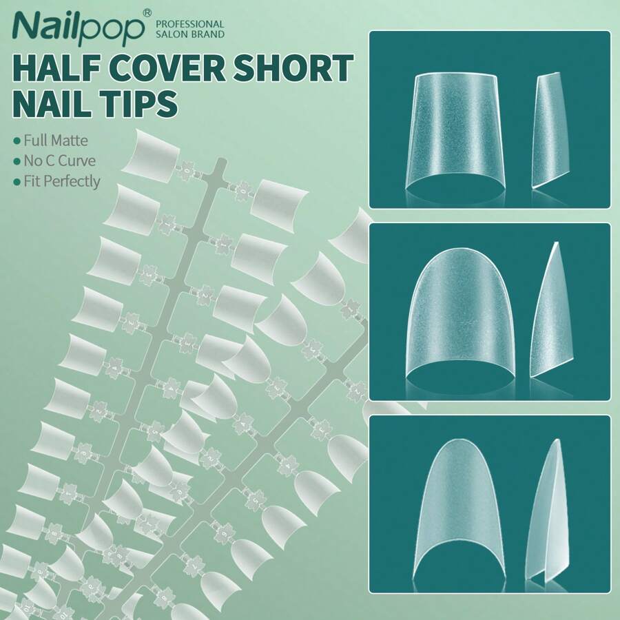 nailpop 短半覆蓋假指甲150pcs全霧面中圓形12個尺寸無c型曲線假指甲,適用於指甲延伸藝術家居diy美甲沙龍 - 無色 - 查看 1