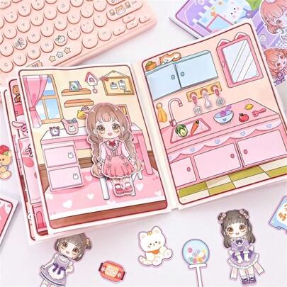 1pc One-Size-Fits-All Pink Paper Toy Book With Dolls For Daily Life, Diy Craft Material, No Cut, Diy Scrapbook