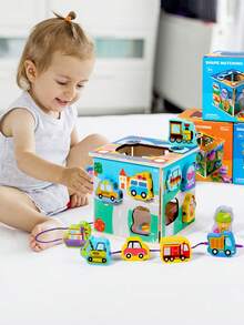 1套兒童穿線大顆粒搭配積木玩具,早教和智能發展,帶有動物和形狀識別,有線 - 綠色 - 查看 3