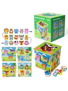 1套兒童穿線大顆粒搭配積木玩具,早教和智能發展,帶有動物和形狀識別,有線 - 綠色 - 查看 2