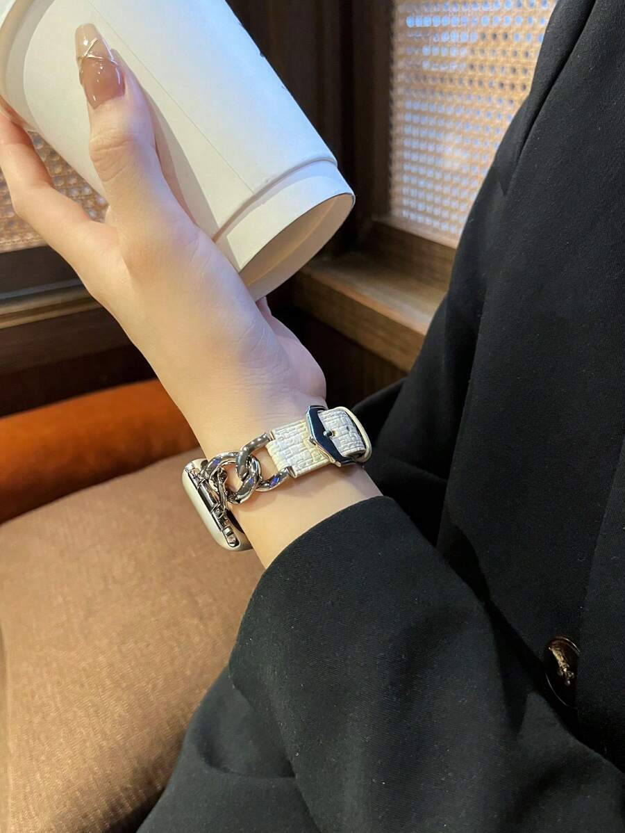 1入女式金屬皮革混材質手錶錶帶，搭配季節時尚風格，適用於38/40/41/42/44/45/49mm蘋果手錶帶，支援Ultra/SE/9/8/7/6/5/4/3/2/1代 - 白色 - 查看 1