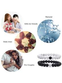 2 Pcs/Set Elastic Beaded Bracelets Couples Matching Bracelet Set Matte Lava Rock Beads For Women Stone Jewelry - White - View 2