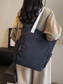 Small Batch, High-End, Commuting, Polyester Tote Bag With Shoulder Strap And Wide Band, Casual, Large Capacity, Black, Suitable For Female Students To Carry Books, Umbrellas, Laptops, Etc. - Black - View 4