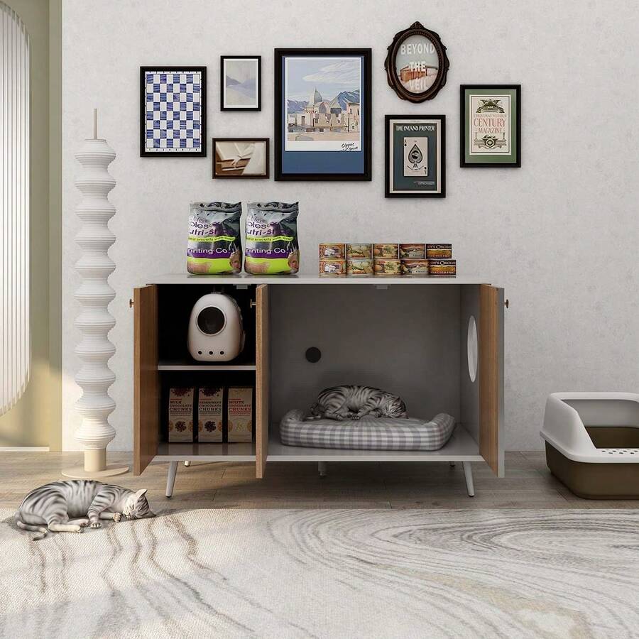 Litter Box Enclosure, Cat Litter Box Furniture With Hidden Plug, 3 Doors,Indoor Cat Washroom Storage Bench Side Table Cat House, Large Wooden Enclused Litter Box House - White - View 1