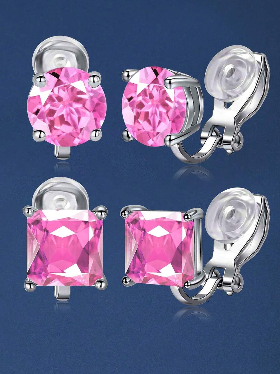2對時尚簡約的方形和立方體cz夾式耳環,適用於沒有耳洞的男女,適合日常佩戴 - 粉色 - 查看 1