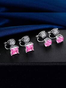 2對時尚簡約的方形和立方體cz夾式耳環,適用於沒有耳洞的男女,適合日常佩戴 - 粉色 - 查看 2
