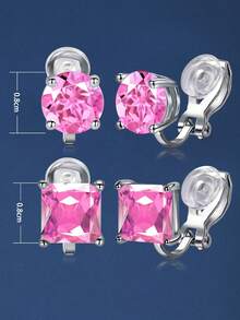 2對時尚簡約的方形和立方體cz夾式耳環,適用於沒有耳洞的男女,適合日常佩戴 - 粉色 - 查看 3