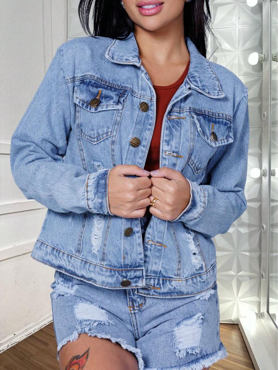 Women Denim Jackets & Coats - 霧霾藍 - 查看 1