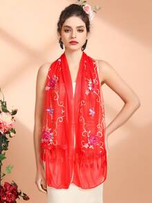 純色圍巾女士簡約優雅的帶有葉子圖案的流蘇圍巾,適用於派對、婚禮、羊毛披肩、休閒基本款圍巾 - 紅色 - 查看 3