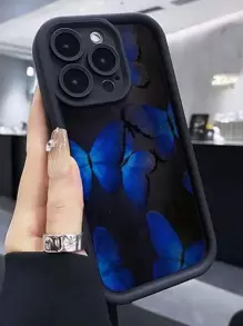 High-Bamboo Spray-Painted Anti-Fall Phone Case With Dark Purple Butterfly Design, Compatible With IPhone 14 Pro - Multicolor - View 3