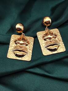 1對奢華時尚人臉藝術吊墜耳環,優雅時尚女性珠寶禮物 - 金色 - 查看 3