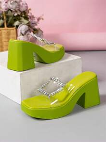 新款高跟水晶鑲嵌防水厚底方頭拖鞋 - 綠色 - 查看 3