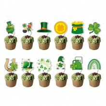 12pcs/Pack St. Patrick's Day Paper Mini Flags, Clover & Rudolf Cake Topper Decoration For Holiday Party - Multicolor - View 1