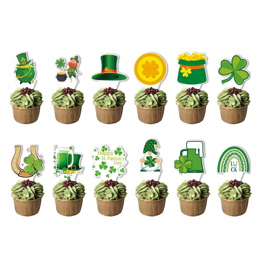 12pcs/Pack St. Patrick's Day Paper Mini Flags, Clover & Rudolf Cake Topper Decoration For Holiday Party - Multicolor - View 1