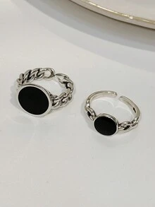 925純銀時尚簡約黑色樹脂滴鍊情侶可調節戒指1組/2件,適合日常穿著、聚會和節日,優質珠寶禮物 - 銀色 - 查看 14