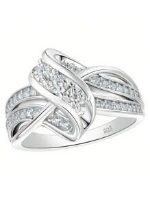 AIHUASI 1 件奢华独特设计 925 纯银女士订婚戒指，扭曲漩涡明亮圆形切割耀眼 AAAAA 方晶锆石婚礼精美珠宝礼物 - 銀色 - 查看 2