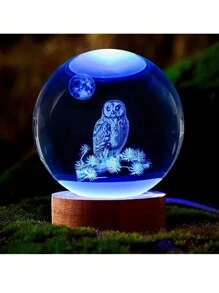 1pc 3d Owl Crystal Ball Lamp With Wooden Base, 2.4 Inches, 7 Color Changing Light, Adjustable Brightness Table Lamp, Suitable For Festival Party Birthday Christmas Gifts - Yellow - View 5
