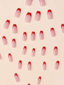 30入組短方形法式美甲指甲貼片帶紅邊,1支指甲砂紙,1片果凍指甲油卸妝墊 - 酒紅色 - 查看 4