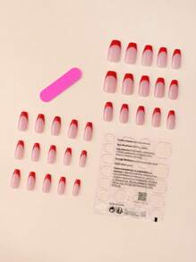 30入組短方形法式美甲指甲貼片帶紅邊,1支指甲砂紙,1片果凍指甲油卸妝墊 - 酒紅色 - 查看 2