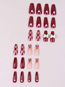 24 peças de Unhas Postiças Longas em Estilo Y2K com estampa de Coração e Xadrez Fashion, Adequadas para Mulheres e Meninas; Acompanha cola Jelly e Lixa de Unha para uma aplicação fácil e prática. - Vermelho - Visão 2