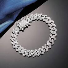 1pc Rhombus Full Diamond Necklace, Double Row Inlaid With Encrypted Cubic Zirconia, Hip Hop Silver Street Style Men's Accessory - White - View 6