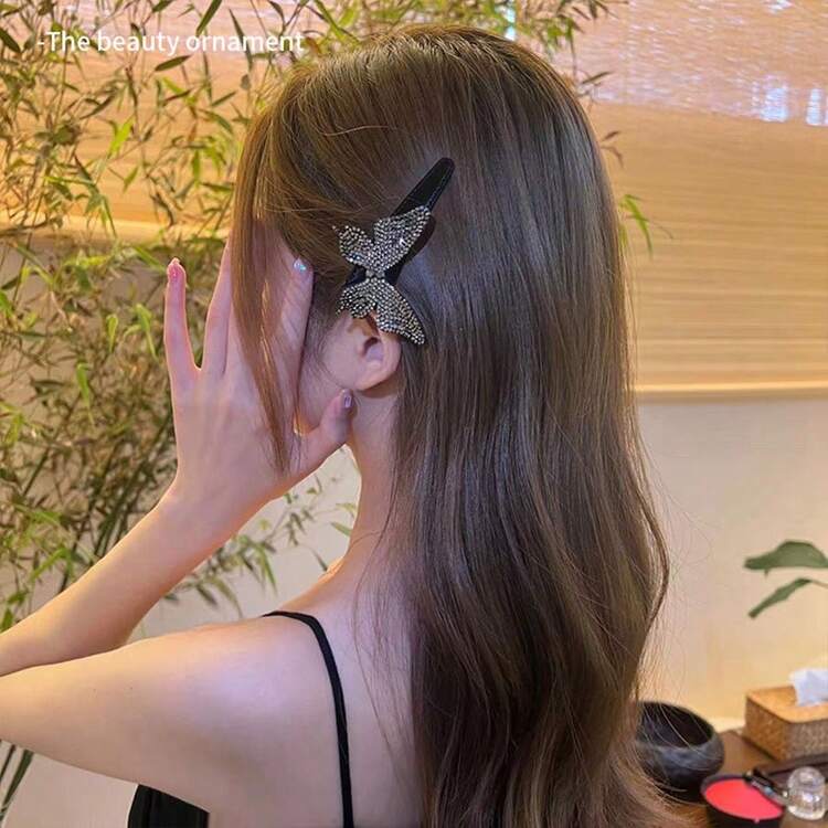 1入高檔鑲鑽蝴蝶＆bb女士髮夾,適用於主髮線或側髮線日常使用 - 黑色 - 查看 7