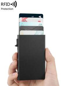 男士超薄铝制 RFID 屏蔽钱包 - 简约纯色多功能男士钱包自动弹出式卡夹金属卡盒适用于信用卡/身份证/卡片/银行卡，适合男士、爸爸、丈夫和男朋友的生日礼物，情人节、周年纪念日、父亲节黑色 - 黑色 - 查看 2